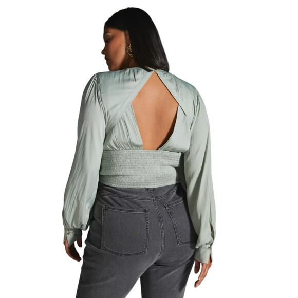 Anthropologie Mint Green Open Back Blouson Sleeve Blouse - Picture 3 of 12